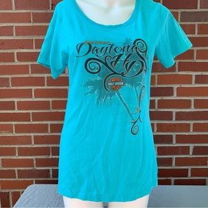 Bruce Rossmeyer's Harley Davidson Daytona Beach ladies aqua and black shirt- L